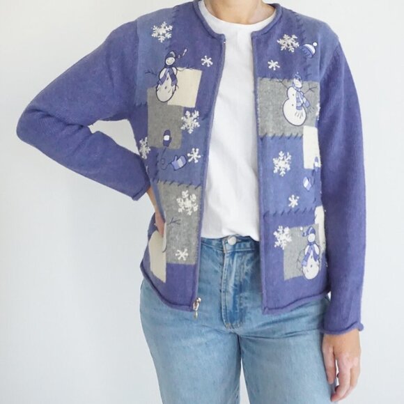 Vintage Croft Barrow Petite Purple Grey Embroidered Snowman Christmas Cardi S - Picture 1 of 11